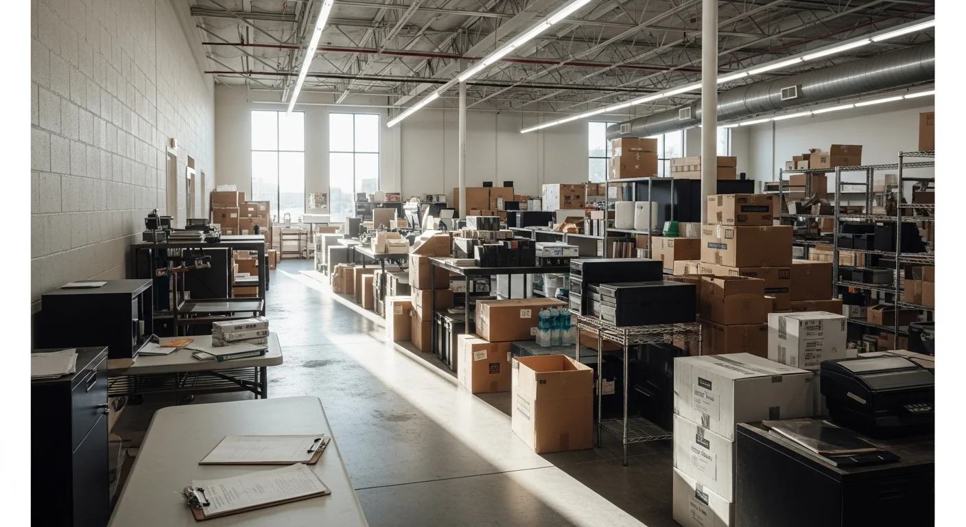 A staged business liquidation sale in a Keller commercial space, with office furniture, equipment, and boxed inventory arranged on tables and the floor for buyer browsing. Try Guy Treasures staff assist shoppers moving through the cleared-out retail or office interior.