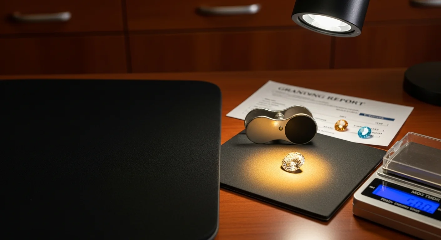 A loose round diamond and a diamond engagement ring resting on a jeweler's evaluation tray inside a Keller jewelry buying office. A gemologist's loupe and grading tools are visible in the background.