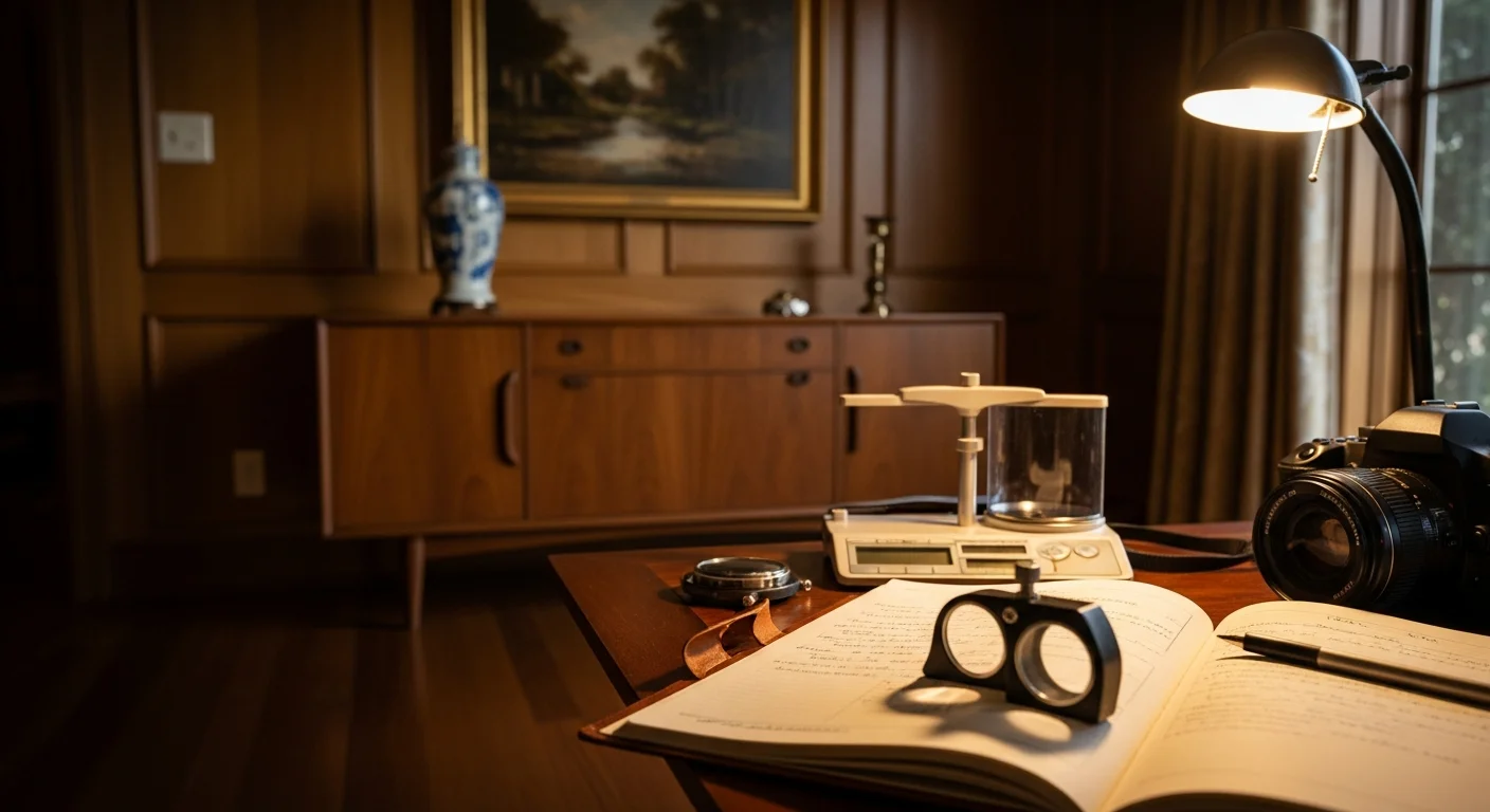 A Try Guy Treasures appraiser examining antique furniture and collectibles laid out across a Keller home living room during an on-site estate appraisal. Jewelry, framed artwork, and household items are organized on tables awaiting individual valuation.