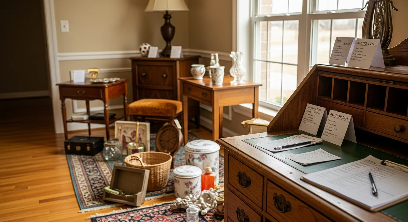 A licensed auctioneer from Try Guy Treasures managing a live estate auction inside a furnished Keller, TX home, with cataloged lots displayed on tables for bidder review.