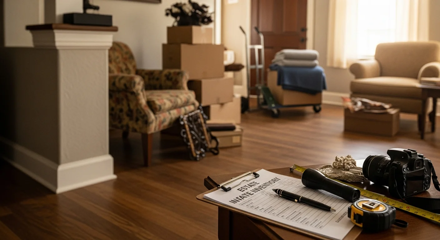 Interior of a Keller, TX home with furniture, antiques, and household items staged for an estate buyout assessment. A Try Guy Treasures representative reviews the contents during a private walkthrough.