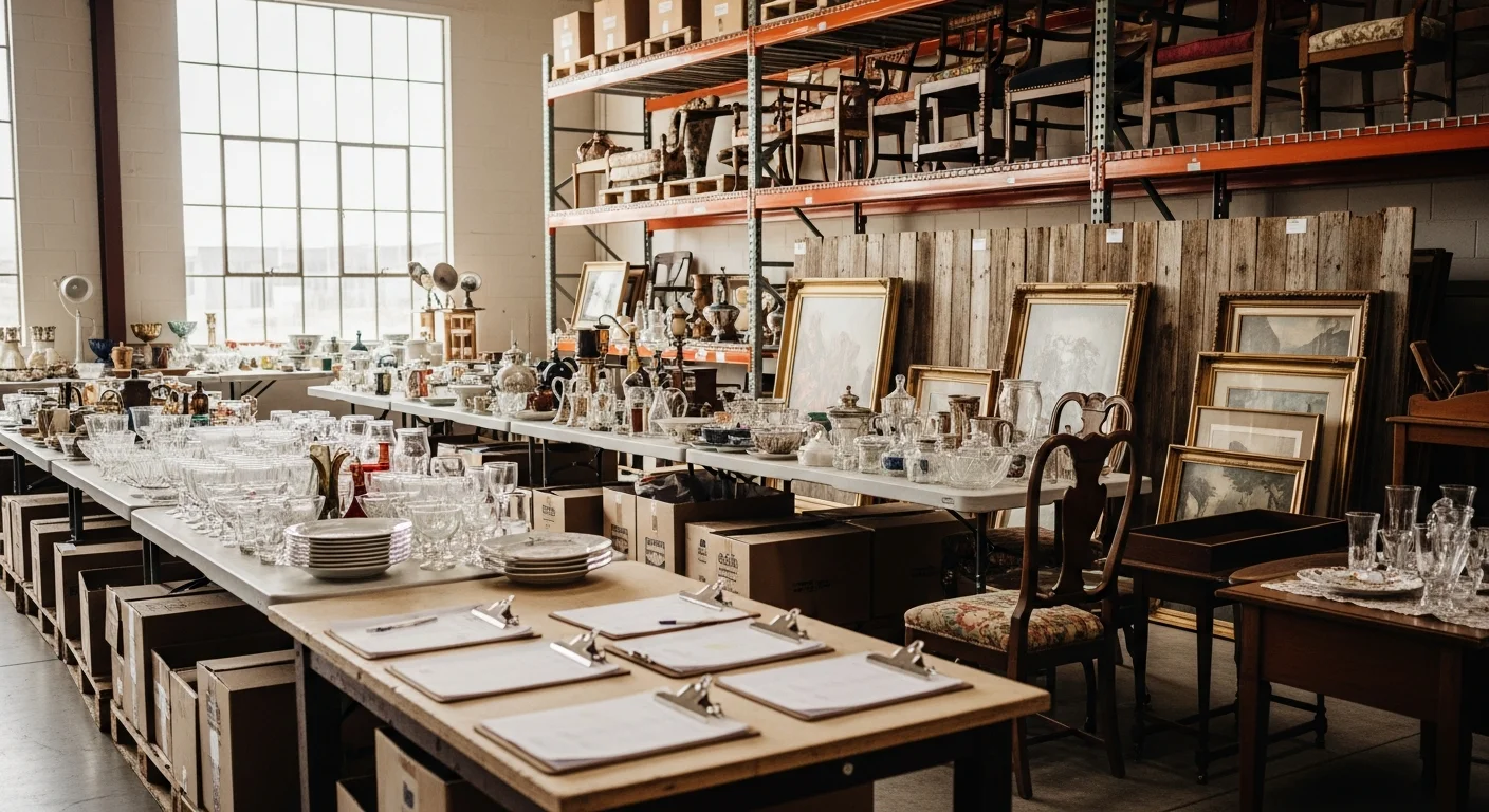 A fully staged Keller, TX home interior with priced furniture, collectibles, and household items arranged for an estate liquidation sale. Try Guy Treasures team members organize and label items room by room ahead of sale day.