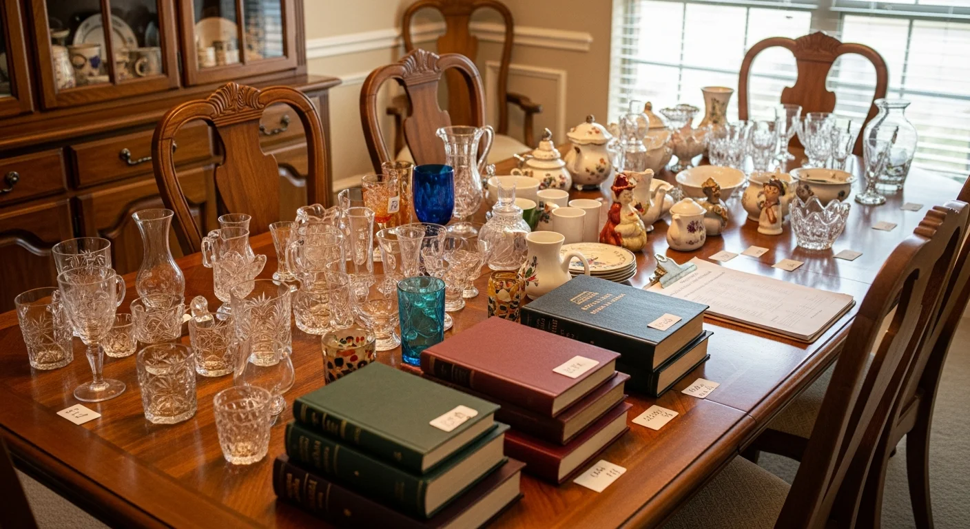 A staged estate sale inside a Keller, TX home showing priced furniture, household items, and collectibles arranged across multiple rooms. Try Guy Treasures team members assist buyers moving through the sale.