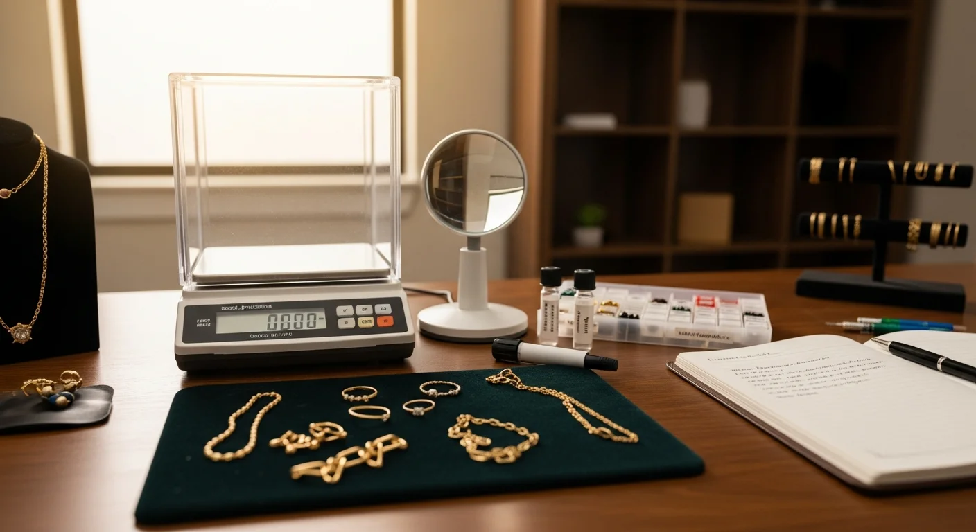 A small collection of gold rings, a broken gold necklace, and a gold bracelet laid flat on a neutral surface at a jewelry buying counter in Keller, Texas. A buyer's testing scale and karat testing tools are visible in the background.