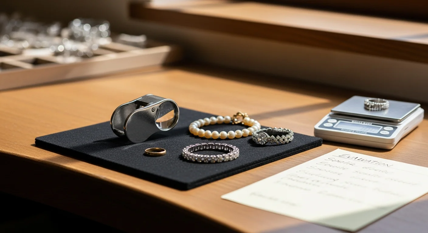 A Keller jewelry buyer at Try Guy Treasures examining a collection of rings and necklaces on a clean assessment counter. Mixed estate jewelry pieces laid out for individual evaluation at a local Keller, Texas jewelry buying location.