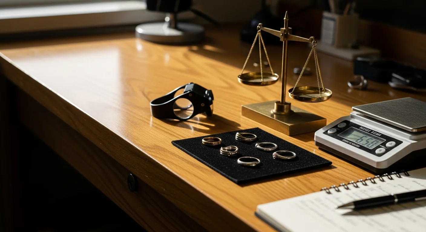 A jewelry buyer at a counter in Keller, Texas, testing and weighing gold rings and silver chains brought in by a local seller. The items are laid out on a clean evaluation mat under a bright light.