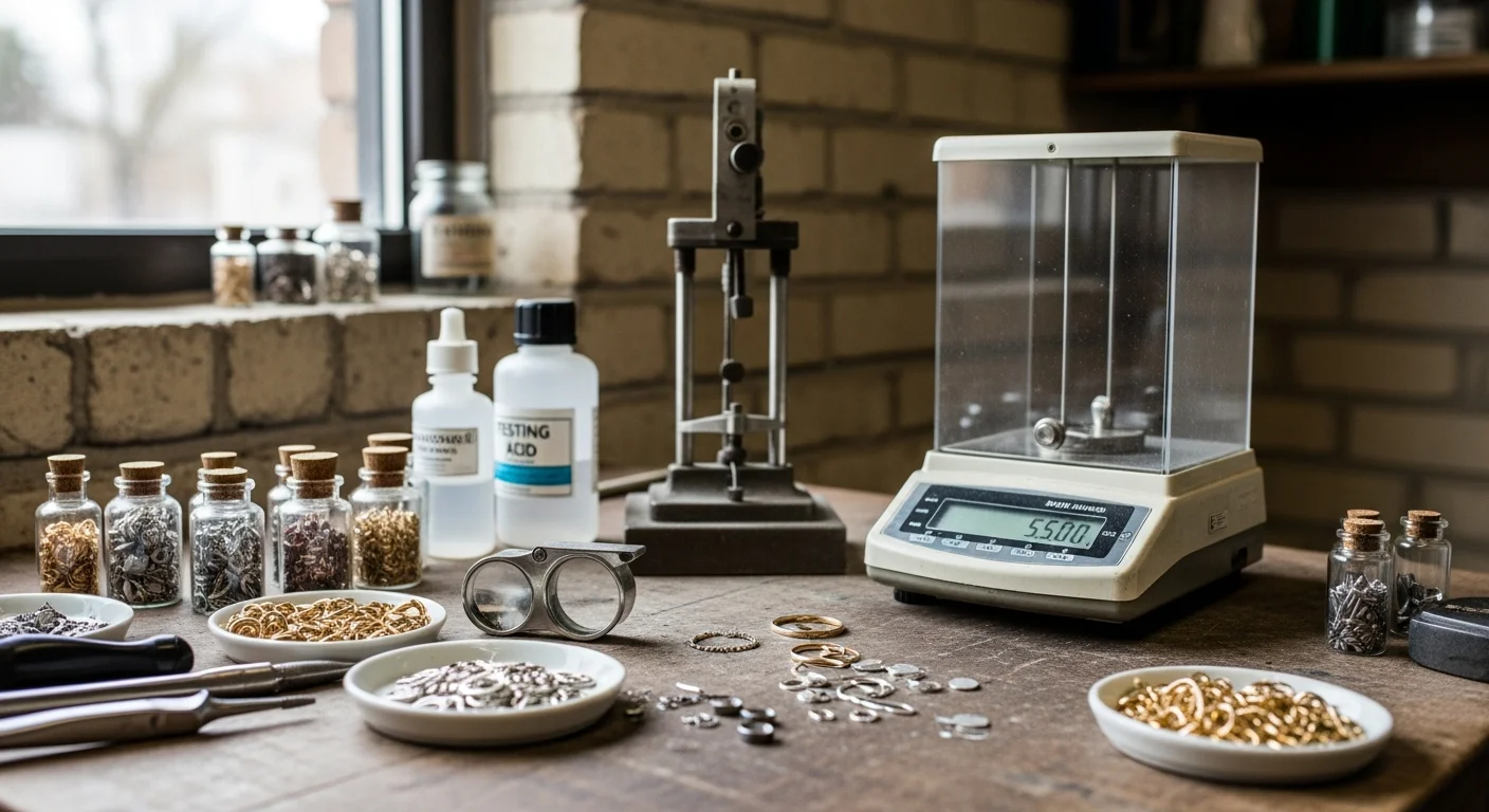 A collection of gold and silver jewelry pieces laid out on a dark surface at a precious metals refining counter in Keller, TX. A jeweler uses testing tools to assess metal purity before making an offer to the seller.